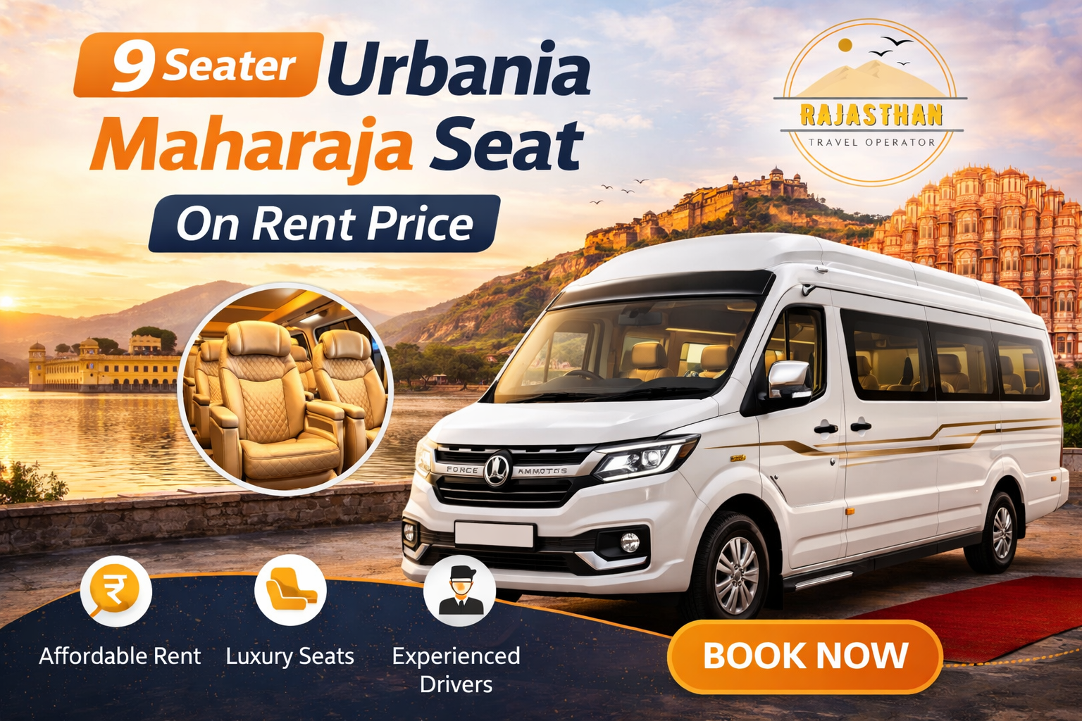 9 Seater Urbania Maharaja Seat on rent price in Jaipur by Rajasthan Travel Operator