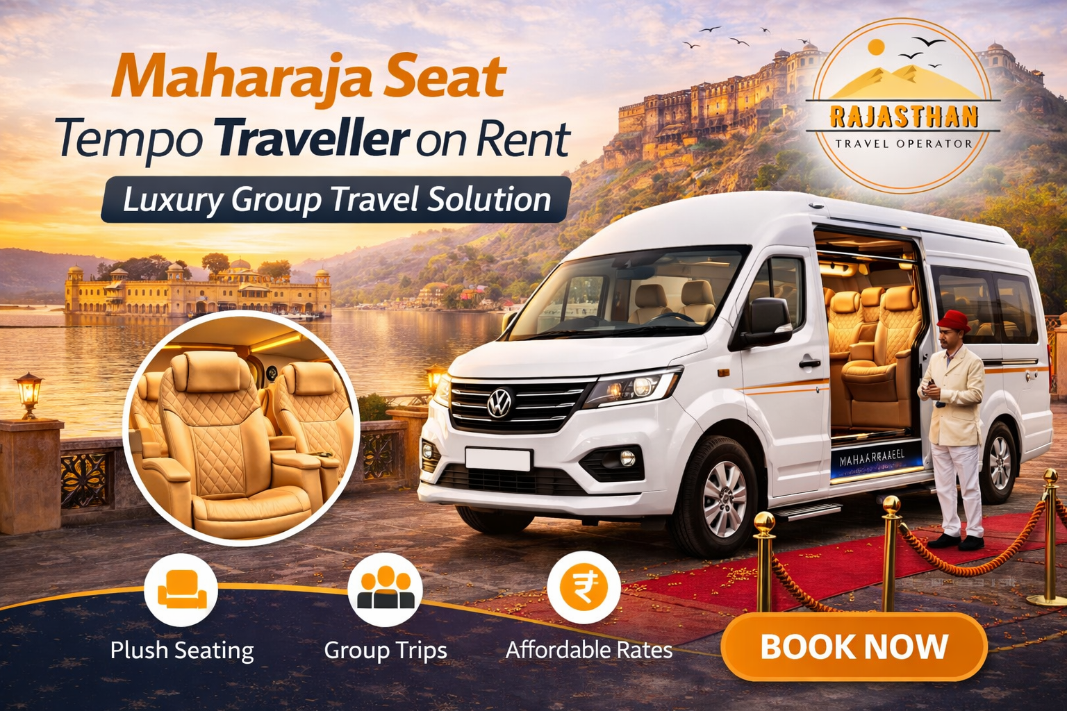 Maharaja Seat Tempo Traveller on rent luxury group travel solution in Jaipur by Rajasthan Travel Operator