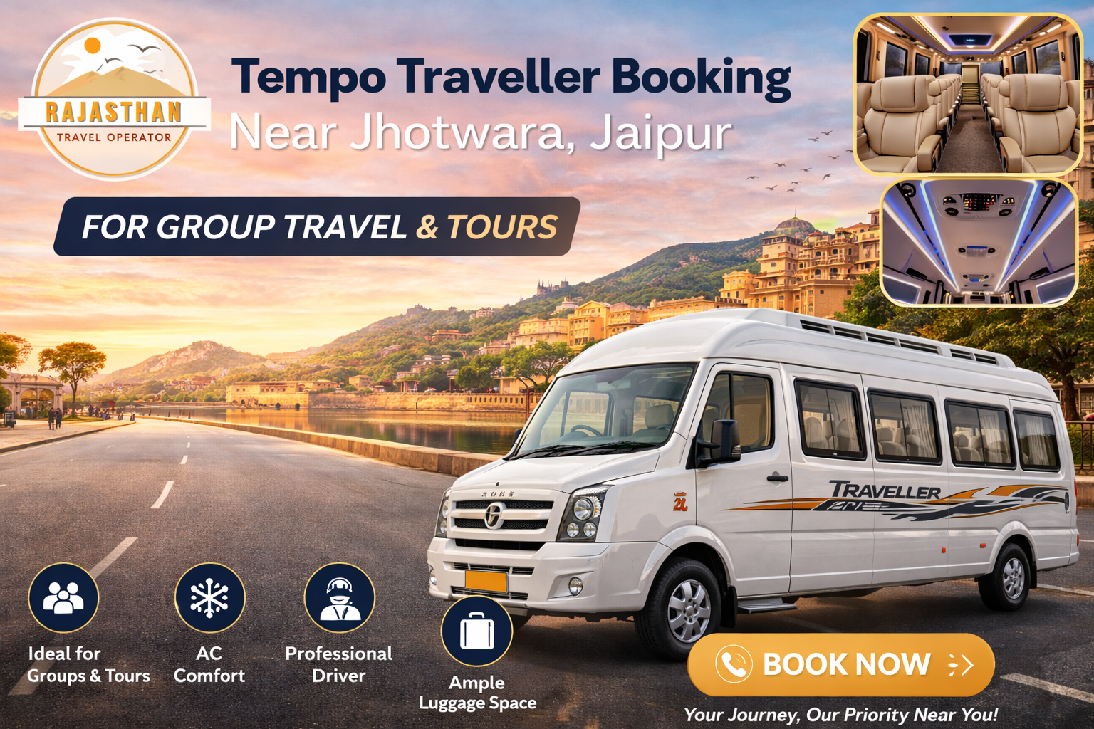 Tempo Traveller booking near Jhotwara Jaipur by Rajasthan Travel Operator for group travel and tours