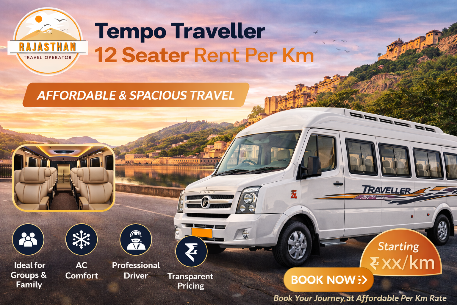 Tempo Traveller 12 Seater rent per km by Rajasthan Travel Operator for affordable group travel
