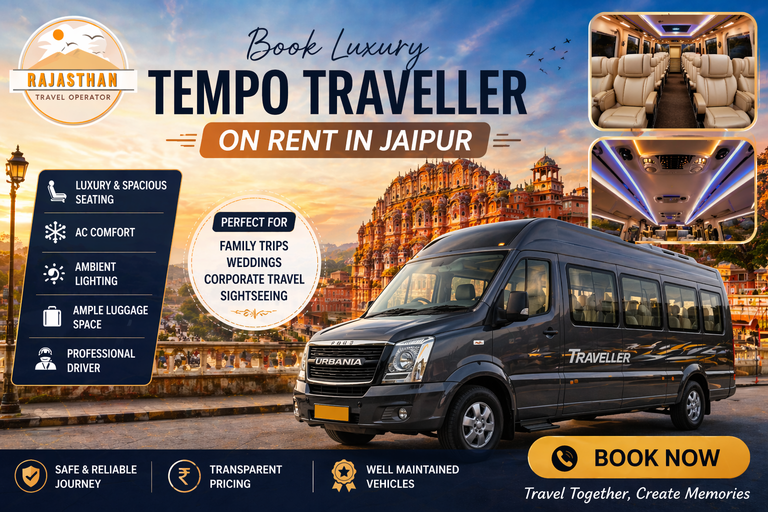 Book luxury tempo traveller on rent in Jaipur by Rajasthan Travel Operator for premium group travel