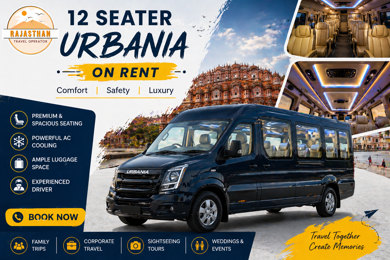 12 Seater Urbania on rent by Rajasthan Travel Operator for luxury and comfortable group travel