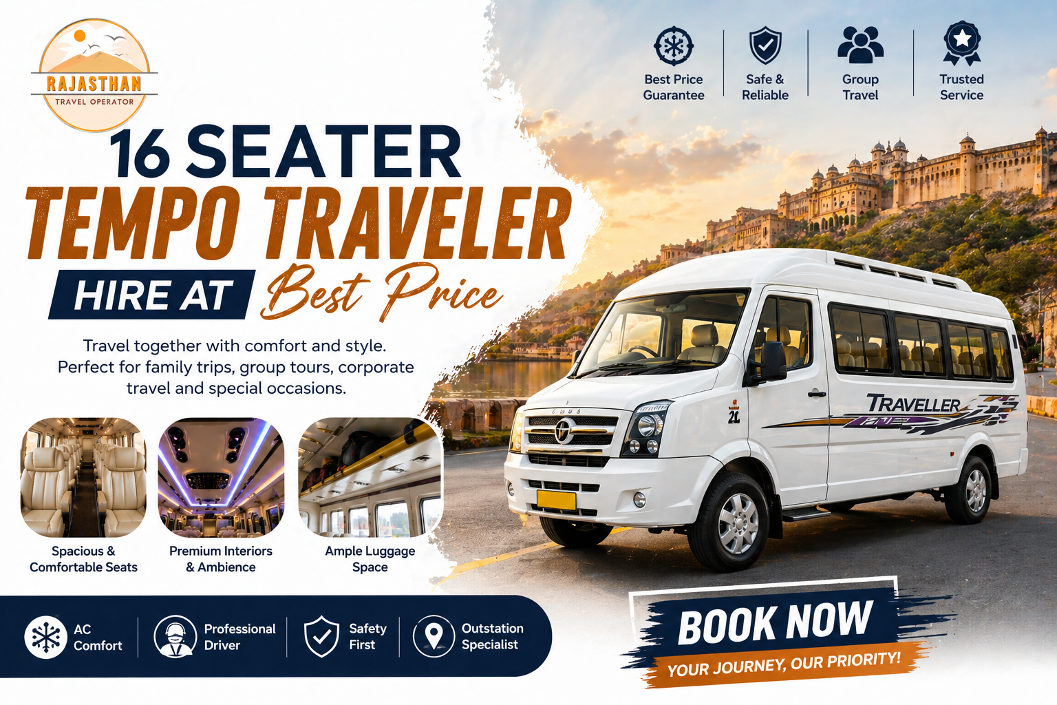 16 Seater Tempo Traveler hire at best price by Rajasthan Travel Operator for group travel