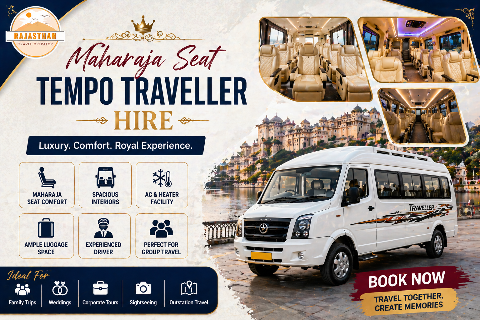 Maharaja Seat Tempo Traveller hire by Rajasthan Travel Operator for luxury and royal group travel