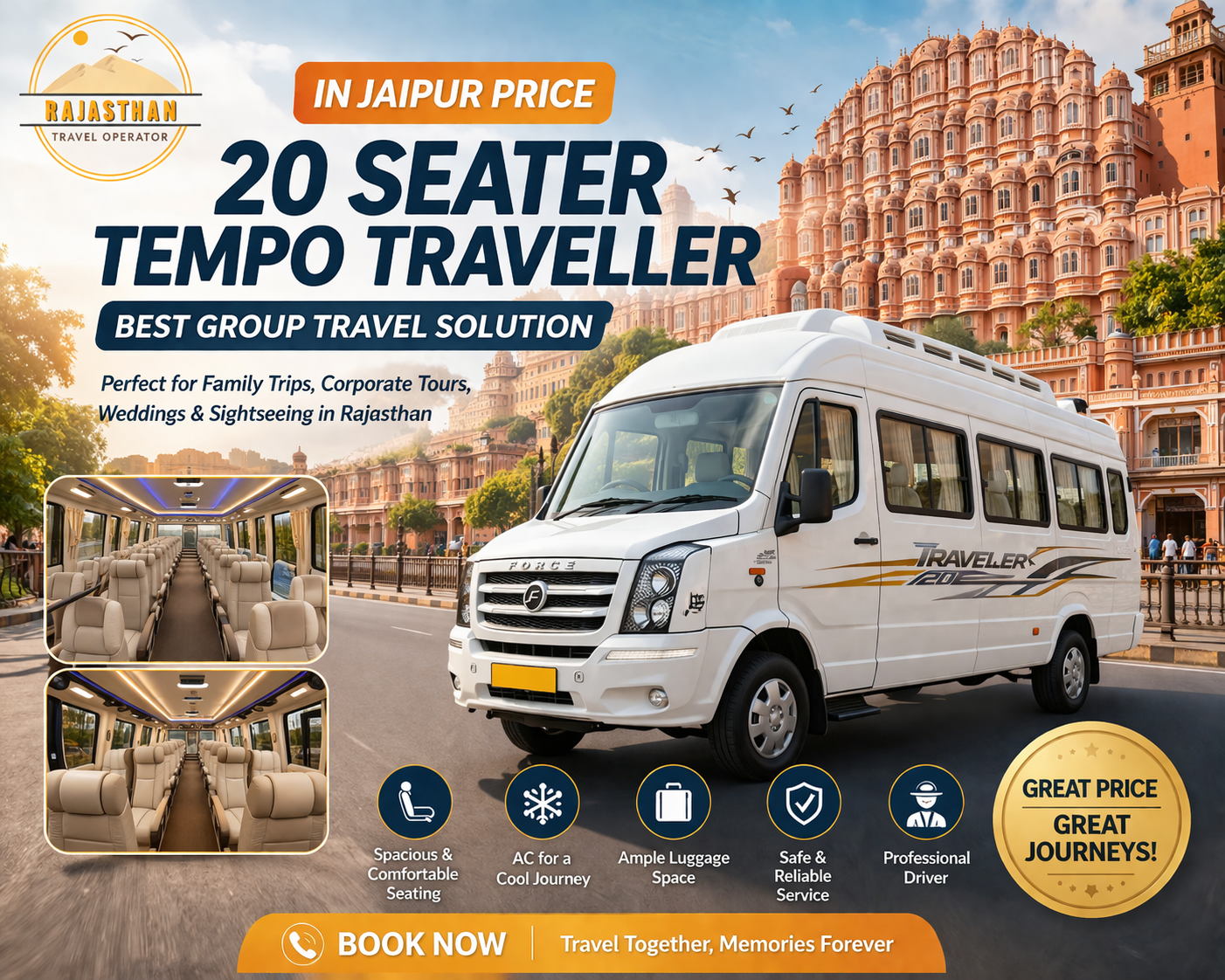 20 Seater Tempo Traveller in Jaipur price for best group travel solution by Rajasthan Travel Operator