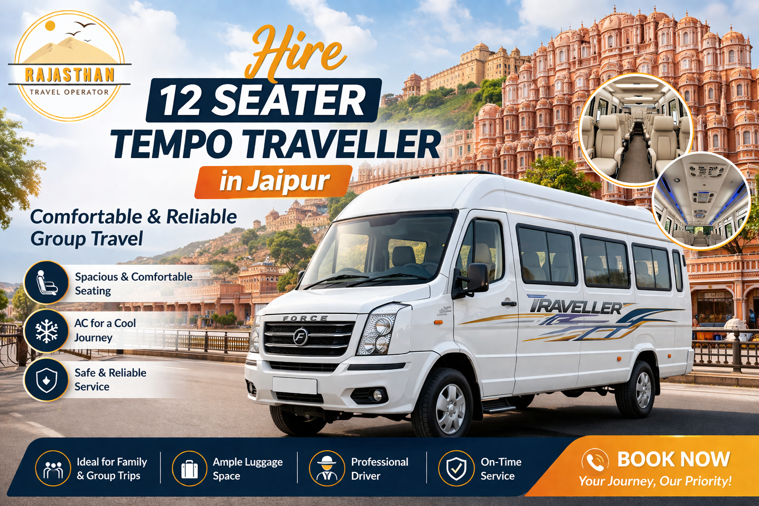 Hire 12 Seater Tempo Traveller in Jaipur – Comfortable & Reliable Group Travel