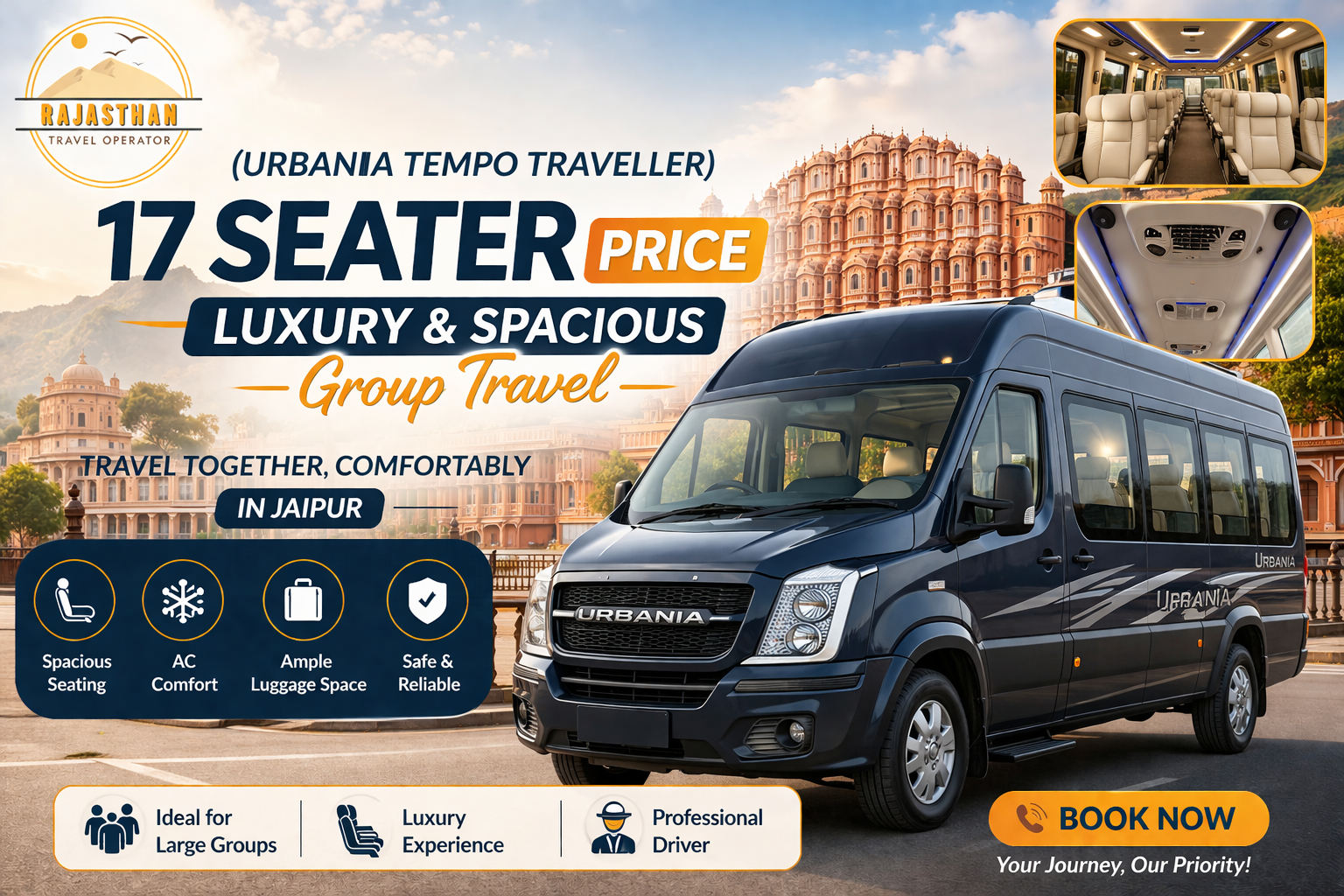Urbania Tempo Traveller 17 Seater Price for luxury and spacious group travel in Jaipur by Rajasthan Travel Operator