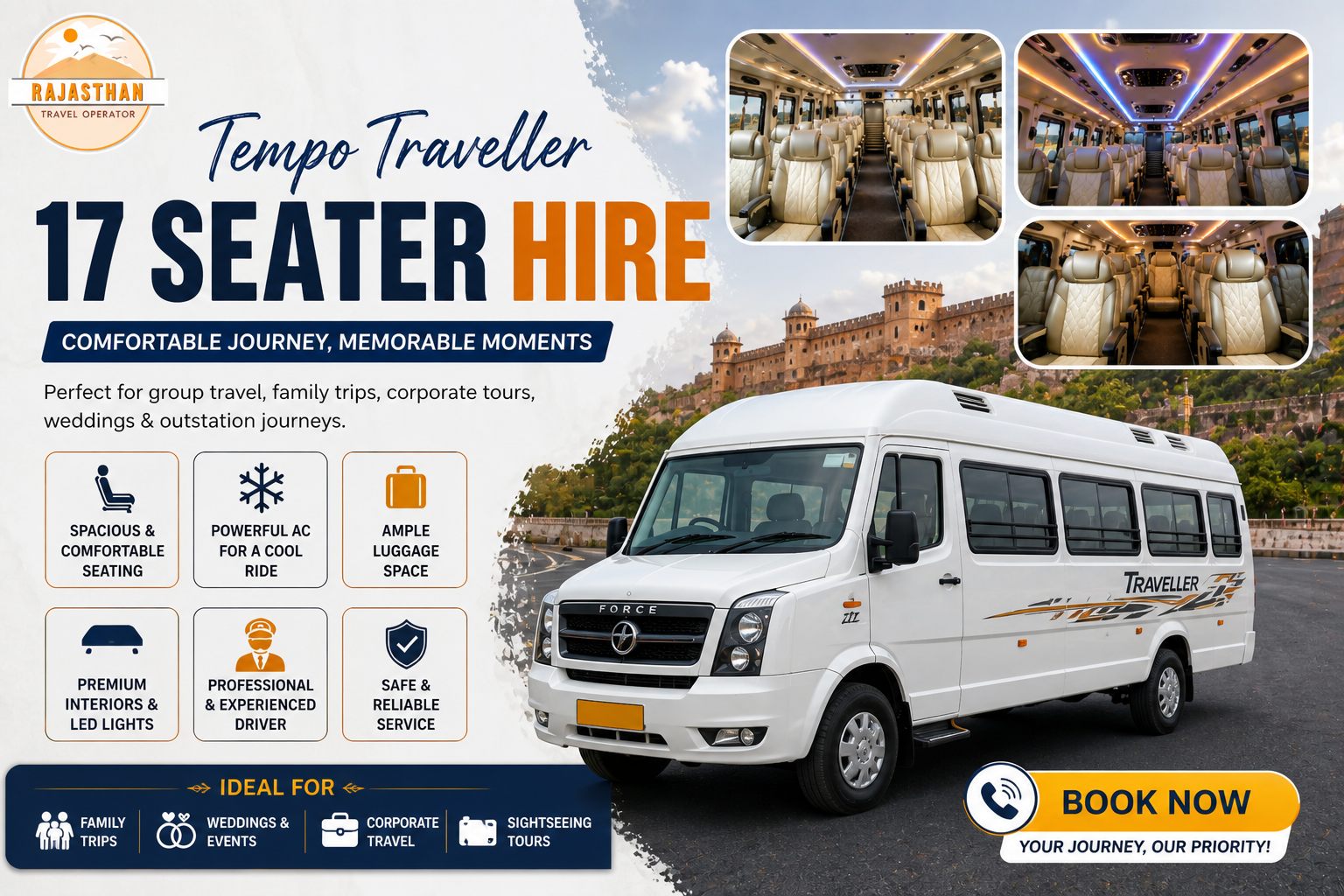 Tempo Traveller 17 Seater hire by Rajasthan Travel Operator for comfortable group travel