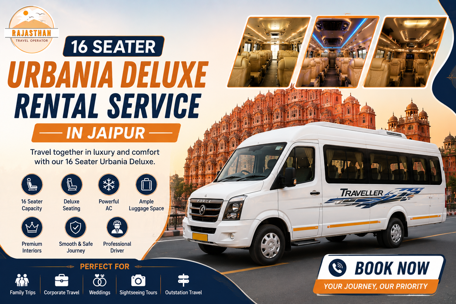 16 Seater Urbania Deluxe rental service in Jaipur by Rajasthan Travel Operator for luxury group travel