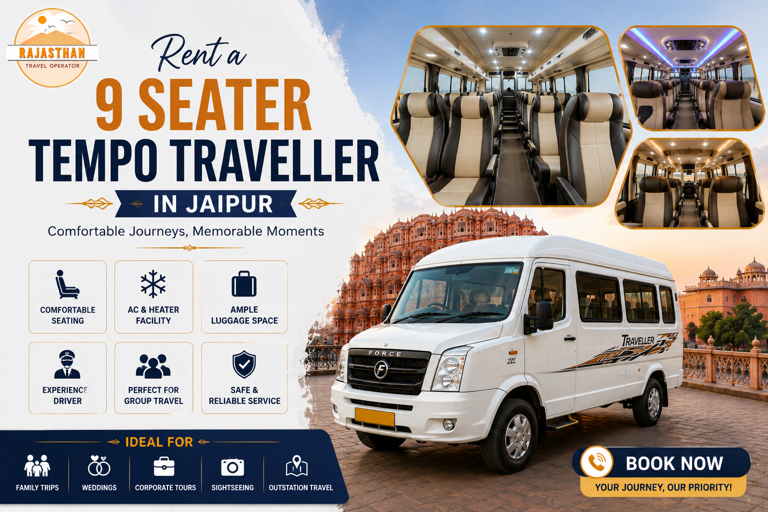Rent a 9 seater Tempo Traveller in Jaipur by Rajasthan Travel Operator for comfortable group travel